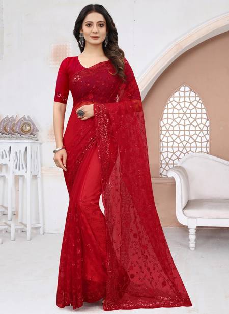 Red Colour APPRECIATE Designer Stylish Party Wear Heavy Net Embroidery Work Saree Collection 1213